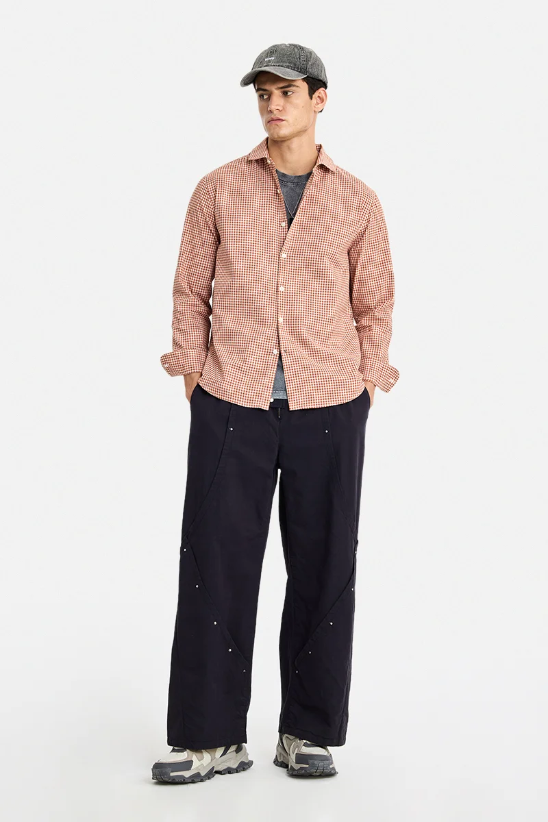 سنيتش Rust Checkered Long Sleeve Regular Fit Casual Shirt