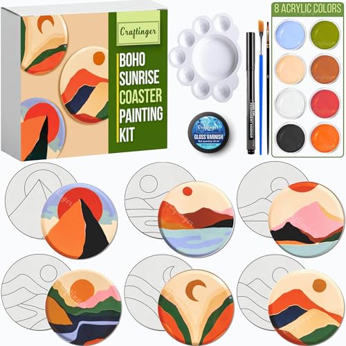 Craftinger Coaster Painting Kit for Kids | DIY Art & Craft Set with 6 Pre-Marked Coasters, Acrylic Colors, Brushes, Palette Tray & Gloss Varnish | Creative Painting Gift Box for Boys & Girls, Home, Office, Activity, Coloring Tea Cup Table Birthday Kitchen (Boho Sunrise) - Image 1