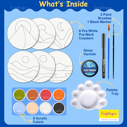 Craftinger Coaster Painting Kit for Kids | DIY Art & Craft Set with 6 Pre-Marked Coasters, Acrylic Colors, Brushes, Palette Tray & Gloss Varnish | Creative Painting Gift Box for Boys & Girls, Home, Office, Activity, Coloring Tea Cup Table Birthday Kitchen (Boho Sunrise) - Image 2