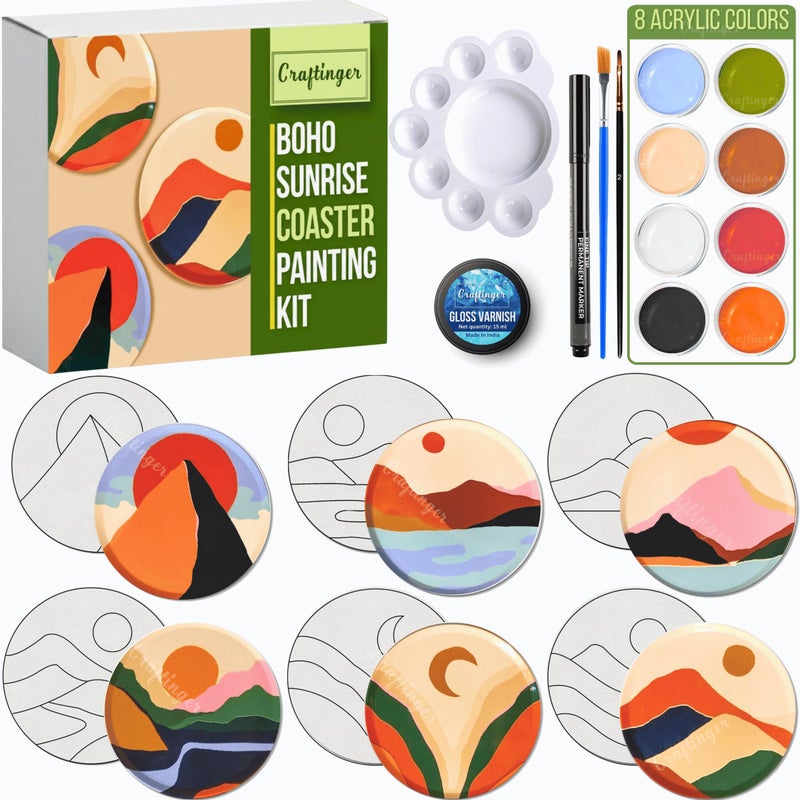 Craftinger Coaster Painting Kit for Kids | DIY Art & Craft Set with 6 Pre-Marked Coasters, Acrylic Colors, Brushes, Palette Tray & Gloss Varnish | Creative Painting Gift Box for Boys & Girls, Home, Office, Activity, Coloring Tea Cup Table Birthday Kitchen (Boho Sunrise) - Image 5