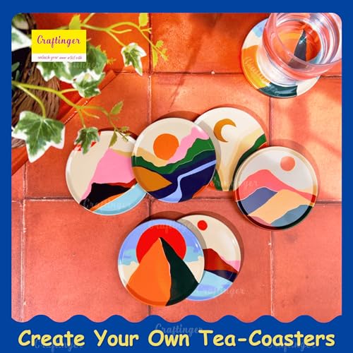 Craftinger Coaster Painting Kit for Kids | DIY Art & Craft Set with 6 Pre-Marked Coasters, Acrylic Colors, Brushes, Palette Tray & Gloss Varnish | Creative Painting Gift Box for Boys & Girls, Home, Office, Activity, Coloring Tea Cup Table Birthday Kitchen (Boho Sunrise) - Image 3