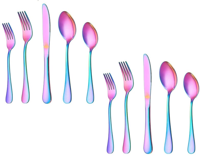 KESESU Flatware Cutlery Silverware Set Stainless Steel Colorful Utensils Tableware Set Service Include KnifeForkSpoon Reusable Mirror Polished Dishwasher Safe Rainbow Pack of 10 - Image 1