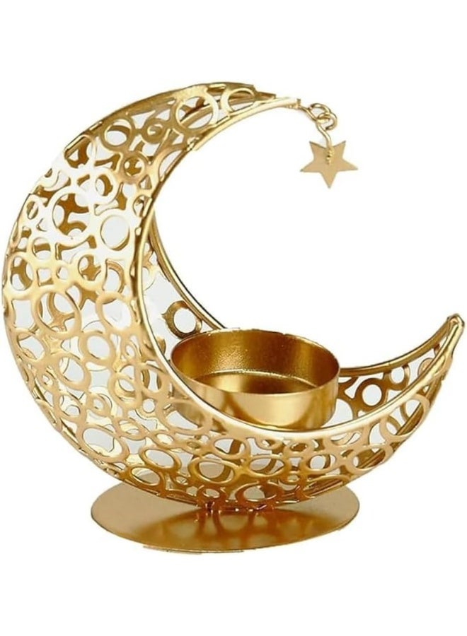 حامل شموع القمر والنجوم - مصباح طاولة رمضان الذهبي - زينة إيد للعيد الفطر والضحى، مصابيح وأهداف مثالية للمنزل (حامل شموع القمر) - Image 1