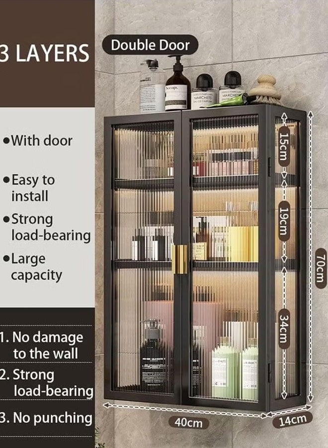 JCB CHIC No Drill Wall Mounted Storage Cabinet with Glass Doors，3-Tier Kitchen/Bathroom Wall Organize， Black Metal Floating Medicine Cabine，Large Display Cabinet，Cosmetic Makeup Organizer，Hanging Storage Shelf for Kitchen，Bathroom & Living Room - Image 3