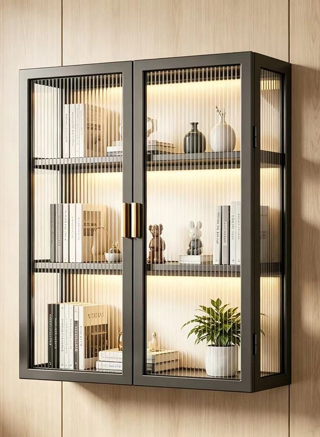 JCB CHIC No Drill Wall Mounted Storage Cabinet with Glass Doors，3-Tier Kitchen/Bathroom Wall Organize， Black Metal Floating Medicine Cabine，Large Display Cabinet，Cosmetic Makeup Organizer，Hanging Storage Shelf for Kitchen，Bathroom & Living Room - Image 2