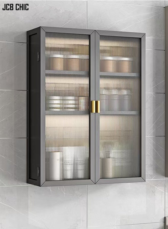 JCB CHIC No Drill Wall Mounted Storage Cabinet with Glass Doors，3-Tier Kitchen/Bathroom Wall Organize， Black Metal Floating Medicine Cabine，Large Display Cabinet，Cosmetic Makeup Organizer，Hanging Storage Shelf for Kitchen，Bathroom & Living Room - Image 1