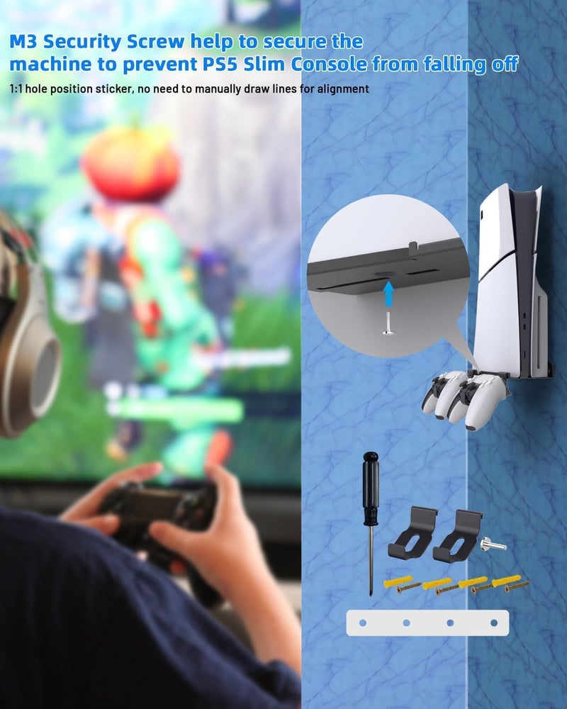 زوني حامل حائط لـ PS5 Pro و PS5 Slim (إصدار الأقراص والرقمي)، طقم حامل حائط مع حاملتي تحكم قابلتين للإزالة لملحقات وحدة تحكم PS5 Pro و PS5 Slim (أسود، فقط لـ Slim) - Image 4
