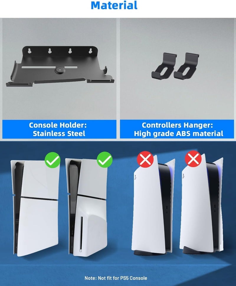 زوني حامل حائط لـ PS5 Pro و PS5 Slim (إصدار الأقراص والرقمي)، طقم حامل حائط مع حاملتي تحكم قابلتين للإزالة لملحقات وحدة تحكم PS5 Pro و PS5 Slim (أسود، فقط لـ Slim) - Image 5