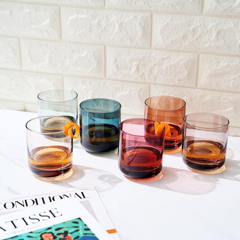 Khen Colored Old-Fashioned Drinking Glasses | Set of 6 | 9.6oz Art Deco Stemmed Glasses for Whiskey, Martini, Cocktail, Champagne, Wine | Muted Pastel Colors | Father's Day Gift Idea for Dad or Him - Image 2