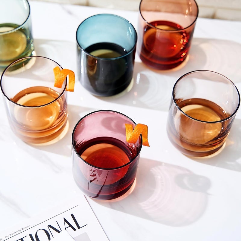 Khen Colored Old-Fashioned Drinking Glasses | Set of 6 | 9.6oz Art Deco Stemmed Glasses for Whiskey, Martini, Cocktail, Champagne, Wine | Muted Pastel Colors | Father's Day Gift Idea for Dad or Him - Image 5