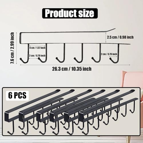 xlehoely 6PCS Mug Hooks Under Cabinet,Mug Holder Under Shelf,Coffee Cups Holder Hanger with 6 Hooks for Kitchen Utensils,Fit for 0.95 inch Thickness or Less,Drilling Free (Black) - Image 2