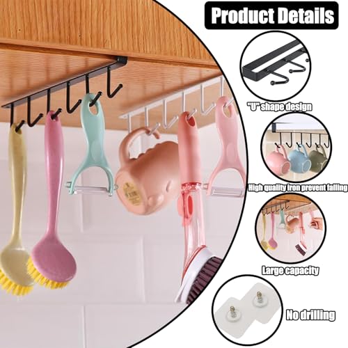 xlehoely 6PCS Mug Hooks Under Cabinet,Mug Holder Under Shelf,Coffee Cups Holder Hanger with 6 Hooks for Kitchen Utensils,Fit for 0.95 inch Thickness or Less,Drilling Free (Black) - Image 3