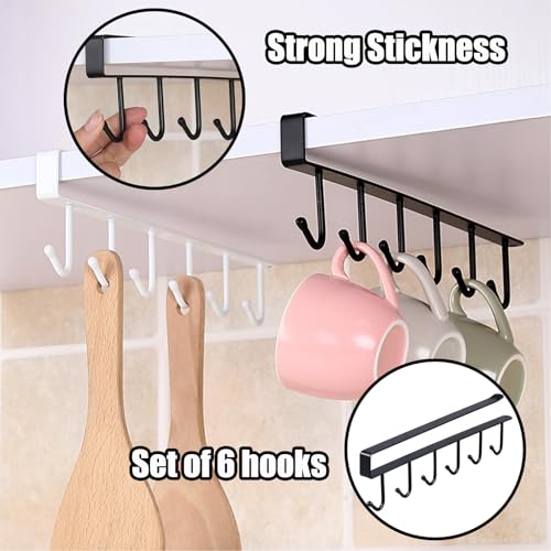 xlehoely 6PCS Mug Hooks Under Cabinet,Mug Holder Under Shelf,Coffee Cups Holder Hanger with 6 Hooks for Kitchen Utensils,Fit for 0.95 inch Thickness or Less,Drilling Free (Black) - Image 5