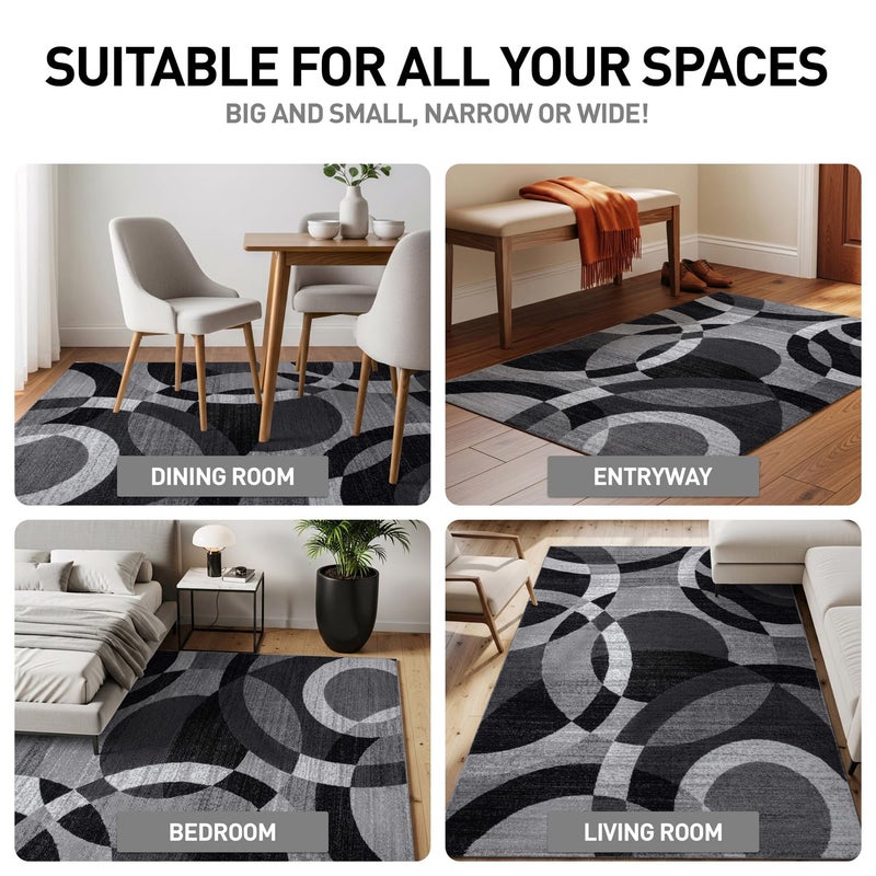 Rugshop Gray Modern Geometric Oval Rug, Abstract Circles, High-Traffic, Non-Shedding, for Living Room, Bedroom and Home Office, 5' x 7' Oval - Image 3