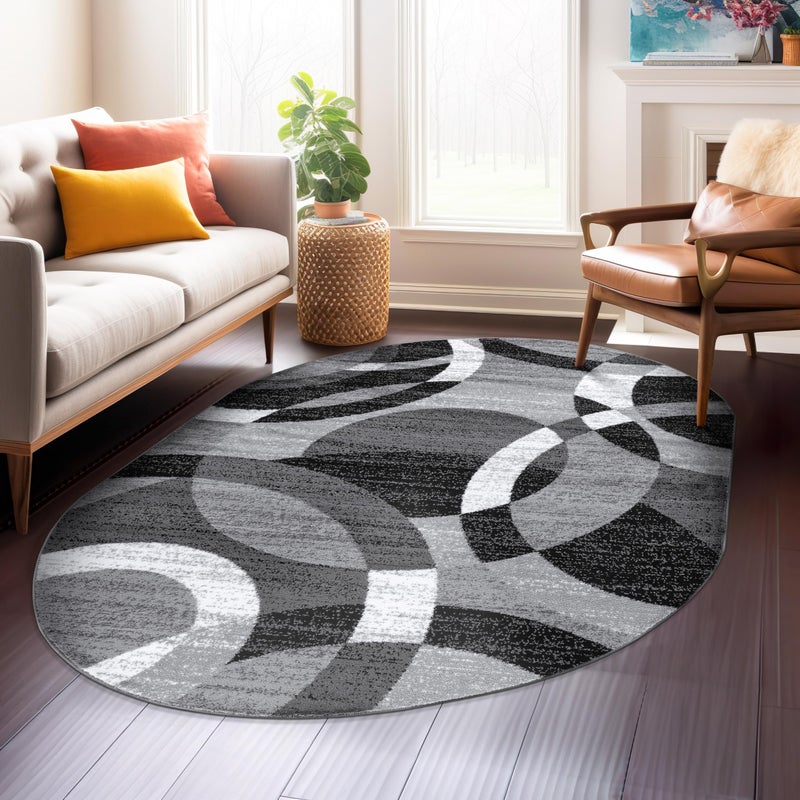 Rugshop Gray Modern Geometric Oval Rug, Abstract Circles, High-Traffic, Non-Shedding, for Living Room, Bedroom and Home Office, 5' x 7' Oval - Image 1