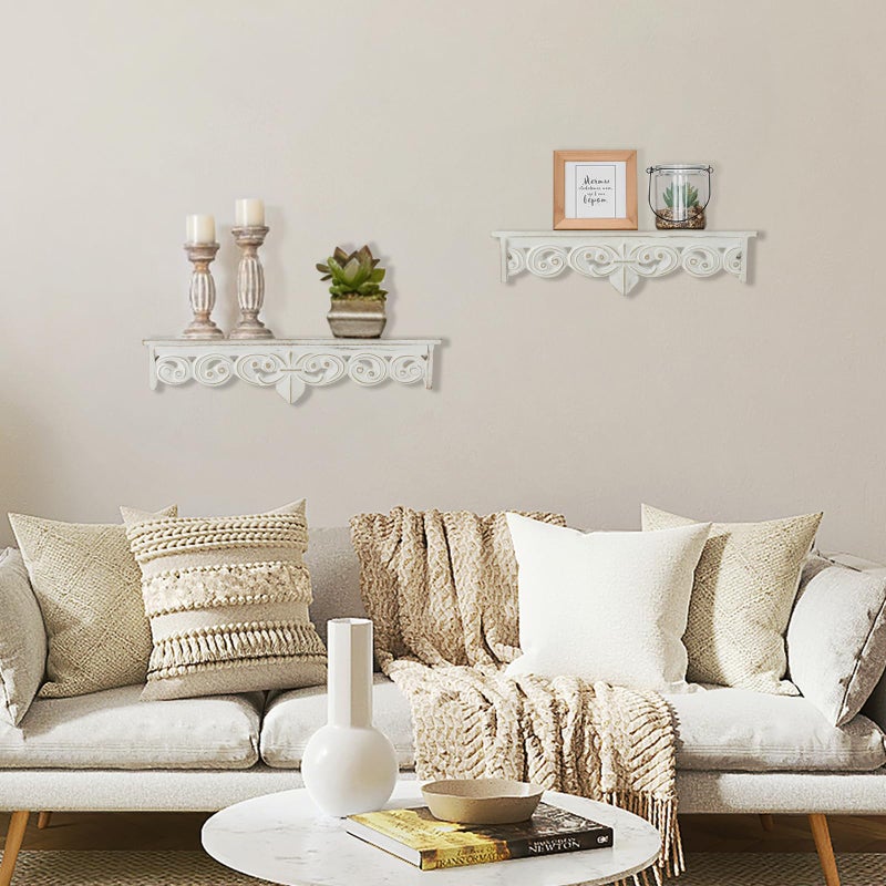 Walasis White Wall Shelves French Country Decor - Vintage Floating Shelf Antique Wood Wall Decor Farmhouse Rustic Hanging Shelves for Living Room Bedroom (16.5"+15") - Image 4