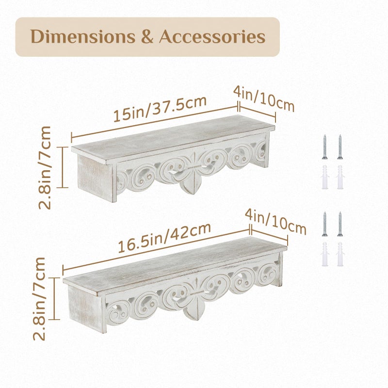 Walasis White Wall Shelves French Country Decor - Vintage Floating Shelf Antique Wood Wall Decor Farmhouse Rustic Hanging Shelves for Living Room Bedroom (16.5"+15") - Image 5