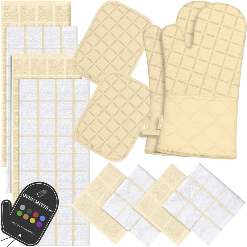 BSKSSK Oven Mitts Pot Holders Sets/Kitchen Towels and Dishcloths  Oven Gloves Kitchen Dish Towels 500 Degree Heat Resistant Potholders with Non-Slip Silicone Surface for Cooking  Grilling  Baking-Beige - Image 1
