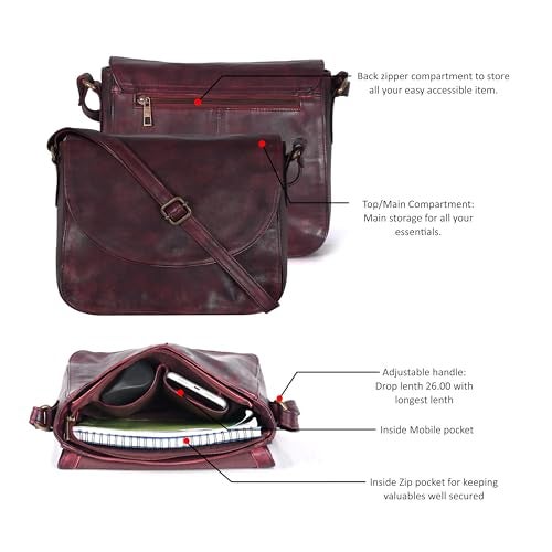 Ozora Handcrafted Genuine Leather Vintage Shoulder Crossbody Bag with YKK Zippers, Snap Button Closure and Mobile Holder - Image 4