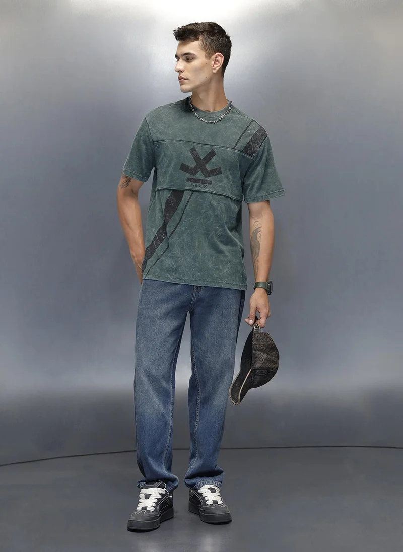 روجن Washed Cut& Sew Graphic Printed Oversized Fit T-Shirt | Dark Green