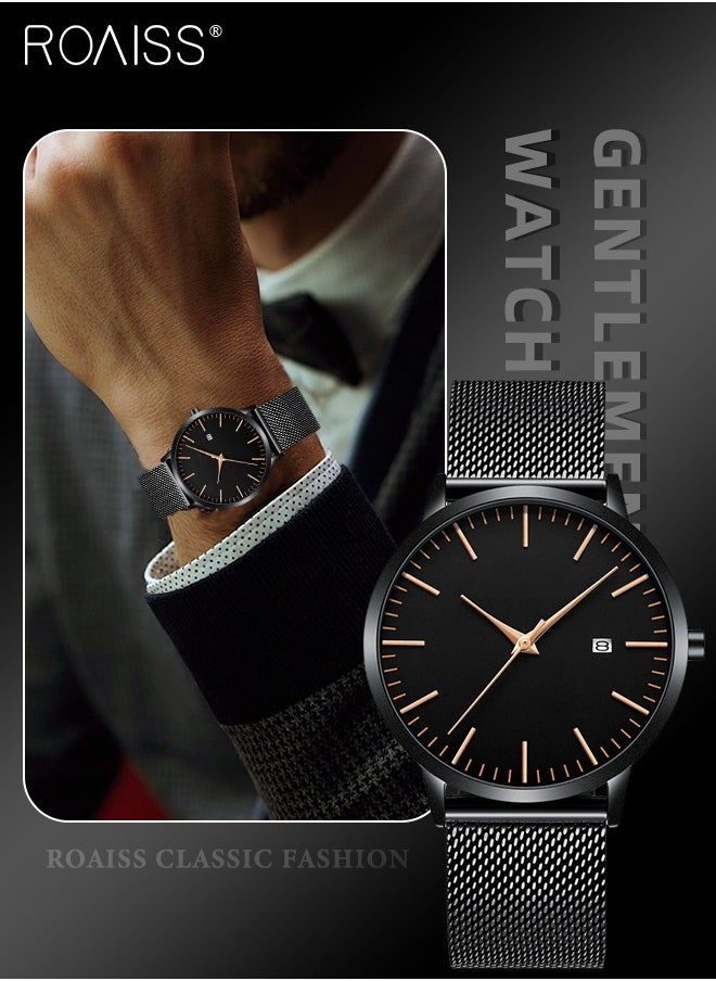 Men's Mesh Strap Quartz Watch Analog Display Round Black Dial with Date Display Waterproof Business Wristwatch as Gift for Men