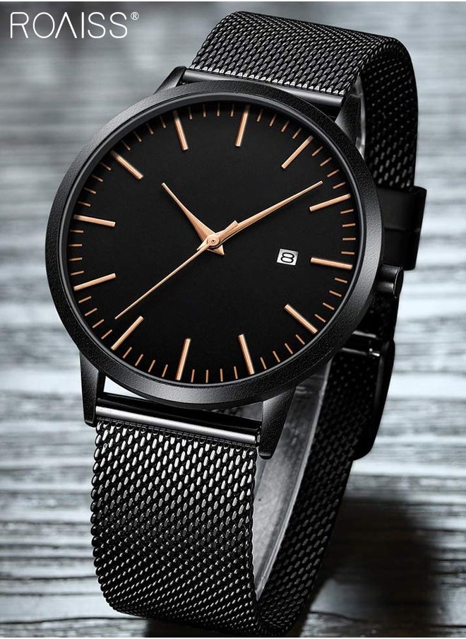 Men's Mesh Strap Quartz Watch Analog Display Round Black Dial with Date Display Waterproof Business Wristwatch as Gift for Men