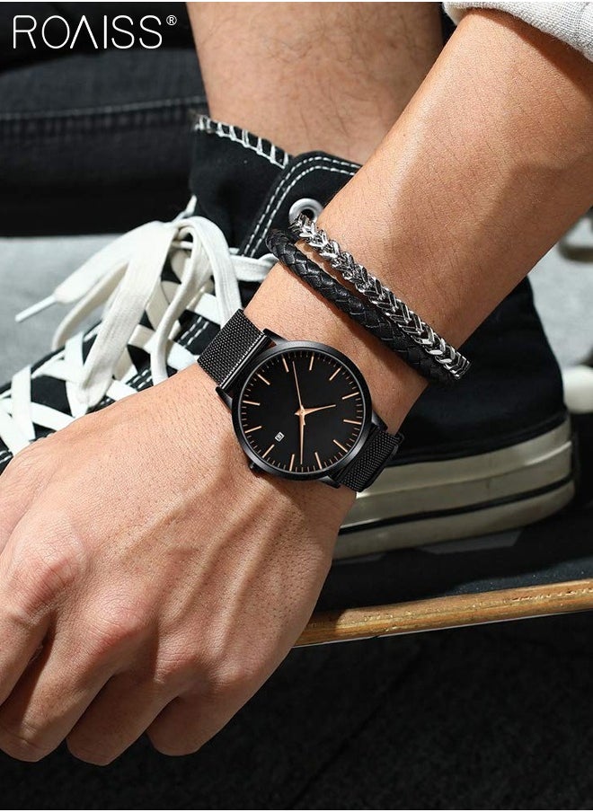 Men's Mesh Strap Quartz Watch Analog Display Round Black Dial with Date Display Waterproof Business Wristwatch as Gift for Men
