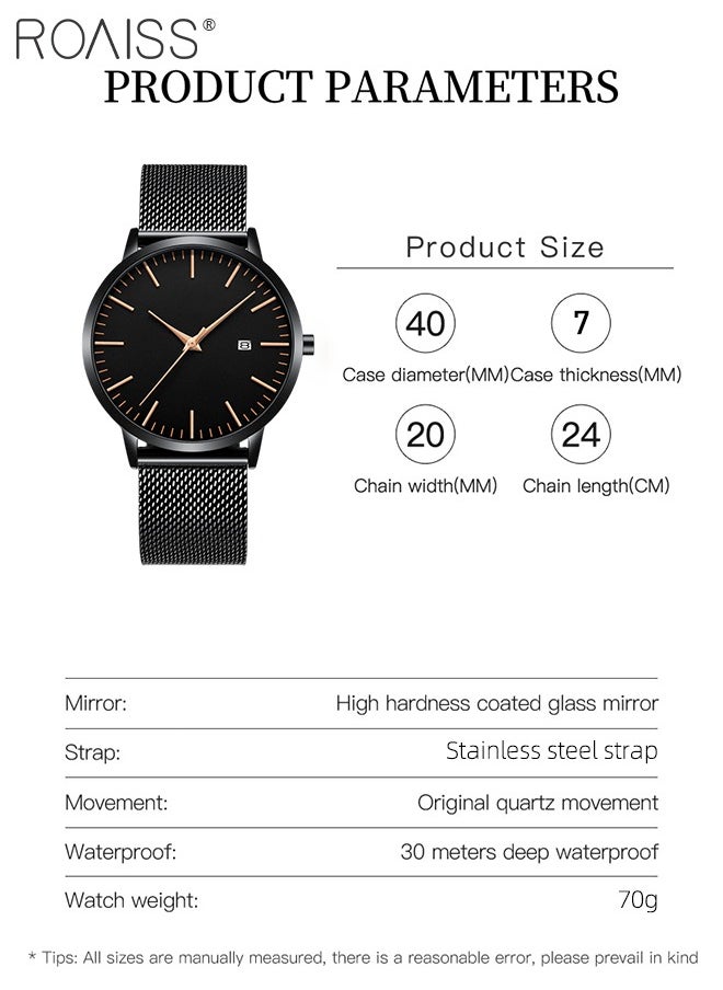 Men's Mesh Strap Quartz Watch Analog Display Round Black Dial with Date Display Waterproof Business Wristwatch as Gift for Men