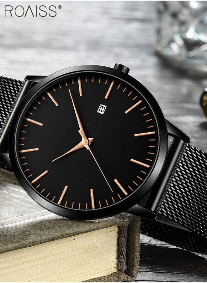 Men's Mesh Strap Quartz Watch Analog Display Round Black Dial with Date Display Waterproof Business Wristwatch as Gift for Men
