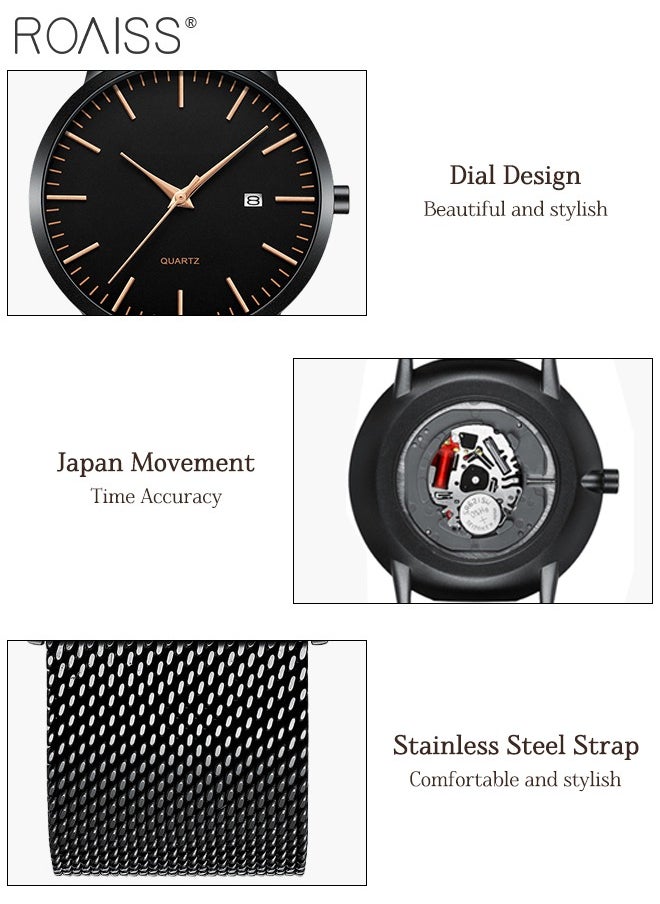 Men's Mesh Strap Quartz Watch Analog Display Round Black Dial with Date Display Waterproof Business Wristwatch as Gift for Men
