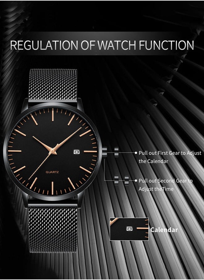 Men's Mesh Strap Quartz Watch Analog Display Round Black Dial with Date Display Waterproof Business Wristwatch as Gift for Men