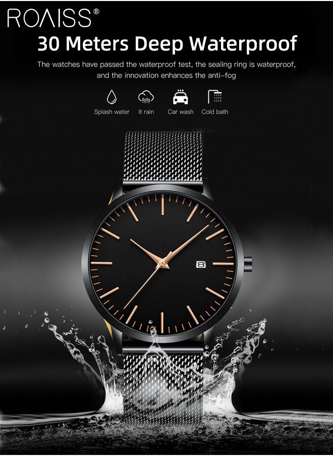 Men's Mesh Strap Quartz Watch Analog Display Round Black Dial with Date Display Waterproof Business Wristwatch as Gift for Men
