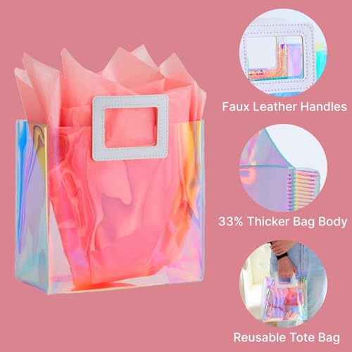 VUOJUR 8.3'' Holographic Small Gift Bag with Tissue Paper Reusable Birthday Gift Bag for Girls Women Iridescent Bachelorette Wedding Bridal Bridesmaid Tote Bag (Pack of 1, S- Coral) - Image 4