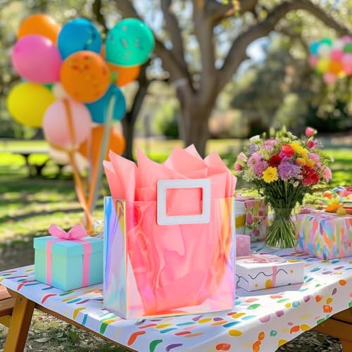 VUOJUR 8.3'' Holographic Small Gift Bag with Tissue Paper Reusable Birthday Gift Bag for Girls Women Iridescent Bachelorette Wedding Bridal Bridesmaid Tote Bag (Pack of 1, S- Coral) - Image 3
