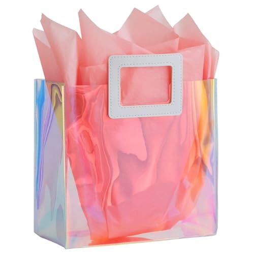 VUOJUR 8.3'' Holographic Small Gift Bag with Tissue Paper Reusable Birthday Gift Bag for Girls Women Iridescent Bachelorette Wedding Bridal Bridesmaid Tote Bag (Pack of 1, S- Coral) - Image 1