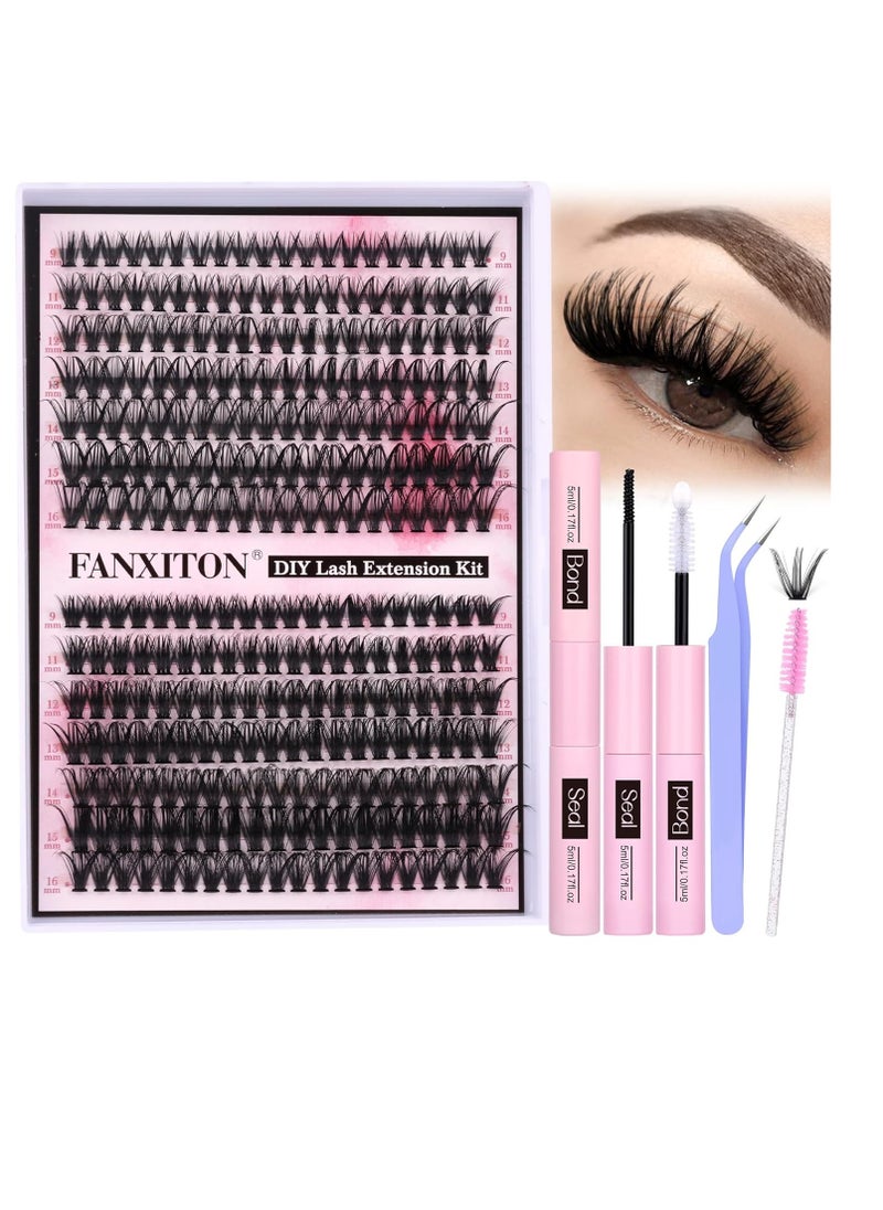 FANXITON FANXITON DIY Lash Extension Kit Volume Lash Clusters 40D+50D D Curl Individual Lashes Lash Clusters Kit Thick Eyelash Extension Kit 280 pcs Thin Band Cluster Lashes Lash Bond and Seal Lash Tweezers  - Image 1
