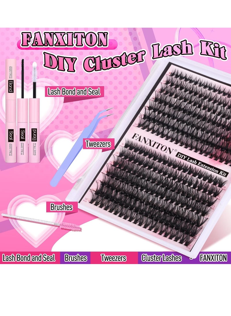 FANXITON FANXITON DIY Lash Extension Kit Volume Lash Clusters 40D+50D D Curl Individual Lashes Lash Clusters Kit Thick Eyelash Extension Kit 280 pcs Thin Band Cluster Lashes Lash Bond and Seal Lash Tweezers  - Image 2