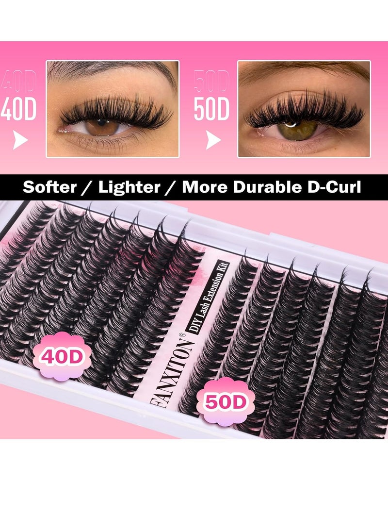 FANXITON FANXITON DIY Lash Extension Kit Volume Lash Clusters 40D+50D D Curl Individual Lashes Lash Clusters Kit Thick Eyelash Extension Kit 280 pcs Thin Band Cluster Lashes Lash Bond and Seal Lash Tweezers  - Image 3