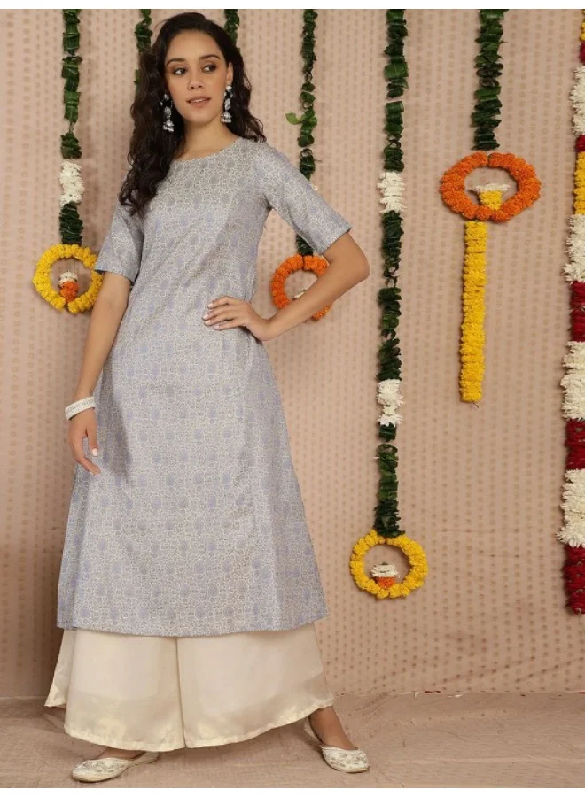 AKS Grey Banarasi Jacquard A-Line Kurta