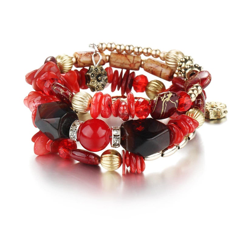Kicomvi Boho Multilayer Irregular Agate Beads Charm Bracelets Handmade Multi-color Cryston Stone Turquoise Wrap Bracelets for Women Yoga Jewelry (red) - Image 1
