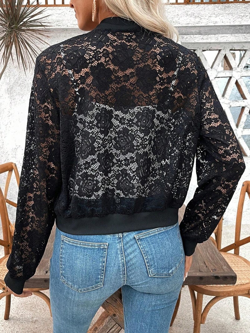 Elegant Women's Jacquard Lace See-Through Zip-Up Short Jacket Top - Image 2