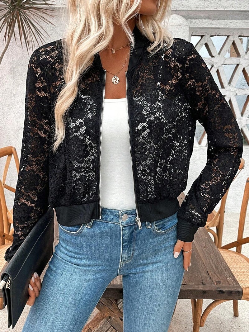 Elegant Women's Jacquard Lace See-Through Zip-Up Short Jacket Top - Image 4