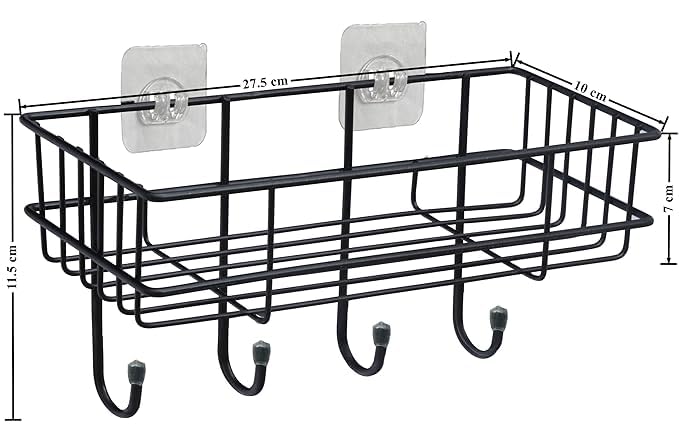 Haristar Steel Self-Adhesive Multipurpose Bathroom Shelf with Hooks/Towel Holder/Rack/Bathroom Accessories-Wall Mount - Pack of 1 (Black,Powder Coated) - Image 3