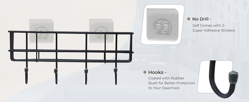 Haristar Steel Self-Adhesive Multipurpose Bathroom Shelf with Hooks/Towel Holder/Rack/Bathroom Accessories-Wall Mount - Pack of 1 (Black,Powder Coated) - Image 5