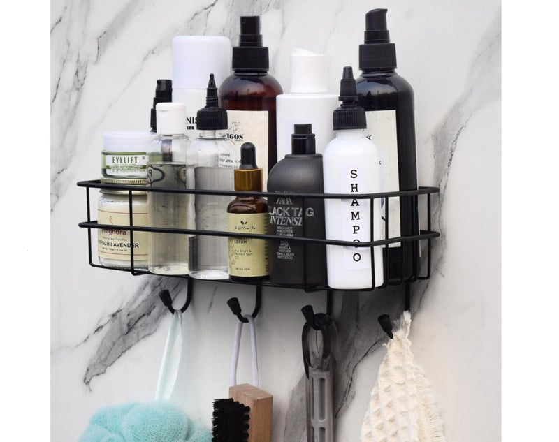 Haristar Steel Self-Adhesive Multipurpose Bathroom Shelf with Hooks/Towel Holder/Rack/Bathroom Accessories-Wall Mount - Pack of 1 (Black,Powder Coated) - Image 1