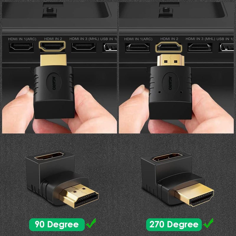 AGARO HDMI Adapter 90 Degree 4K Male to Female HDMI Connector 270 Degrees Extender Right Angle 2 Pack Combo L Type HDTV Converter - Image 3