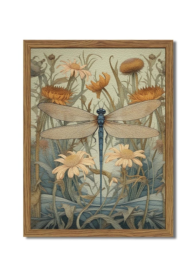 FRAMED VINTAGE 3D TEXTURED WALL ART GREEN DRAGONFLY FLOWERS WALL DECOR HAND DRAWN SANDSTONE NATURE BOTANICAL PICTURES FOR LIVING ROOM BEDROOM 12X16 INCH