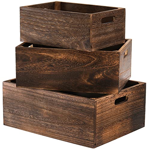 Frcctre Set of 3 Wood Nesting Storage Crates with Handles, Decorative Farmhouse Wooden Crates Storage Containers Rustic Handmade Natural Solid Wood Basket - Image 1