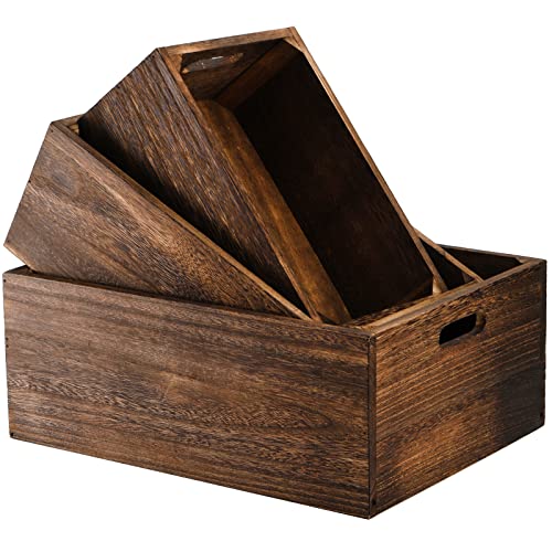 Frcctre Set of 3 Wood Nesting Storage Crates with Handles, Decorative Farmhouse Wooden Crates Storage Containers Rustic Handmade Natural Solid Wood Basket - Image 3