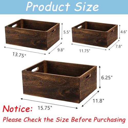 Frcctre Set of 3 Wood Nesting Storage Crates with Handles, Decorative Farmhouse Wooden Crates Storage Containers Rustic Handmade Natural Solid Wood Basket - Image 2